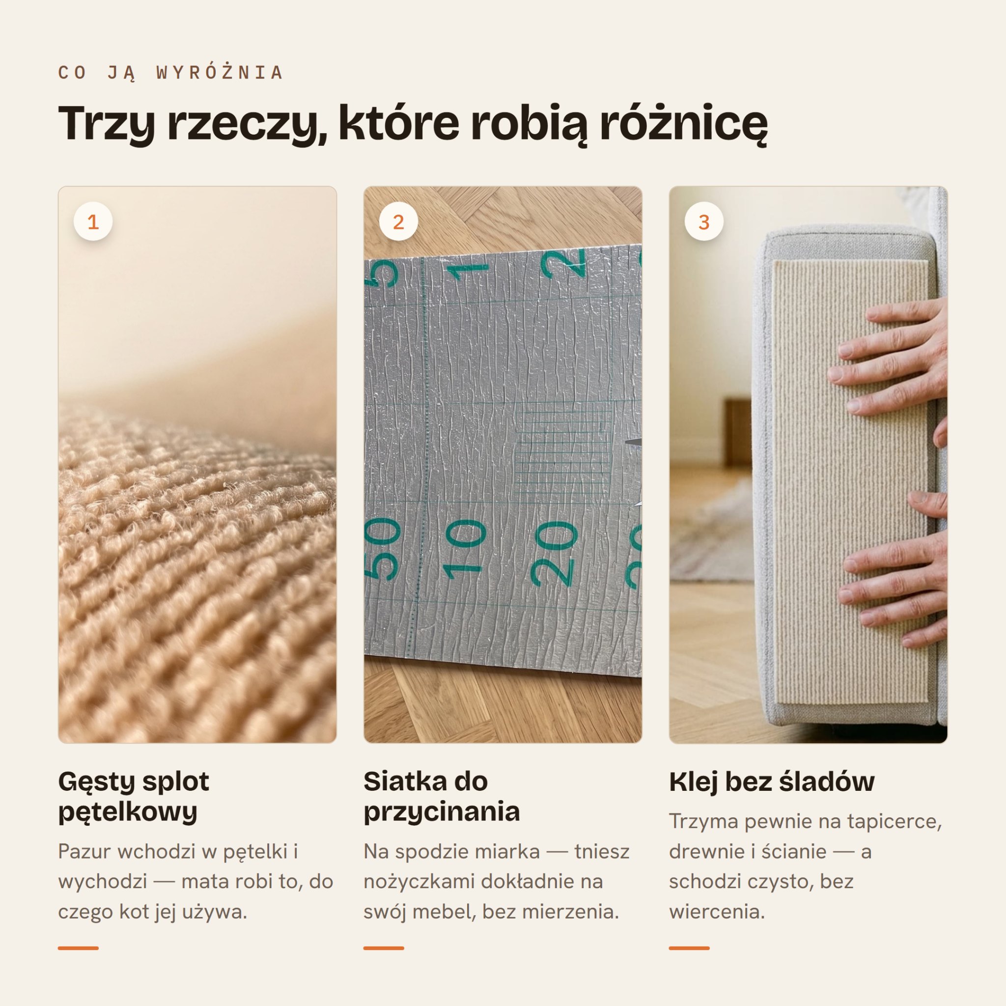 Trzy cechy maty CatMatte: splot pętelkowy, siatka do cięcia, klej bez śladów